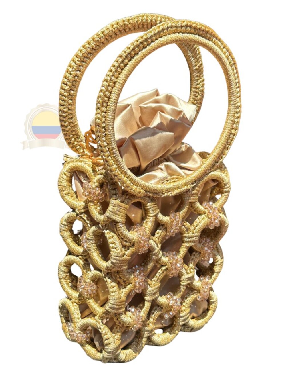 NEW Colombian Gold Metallic Purse Handmade Crystal Beaded Circle Handle Muisca - Picture 9 of 9